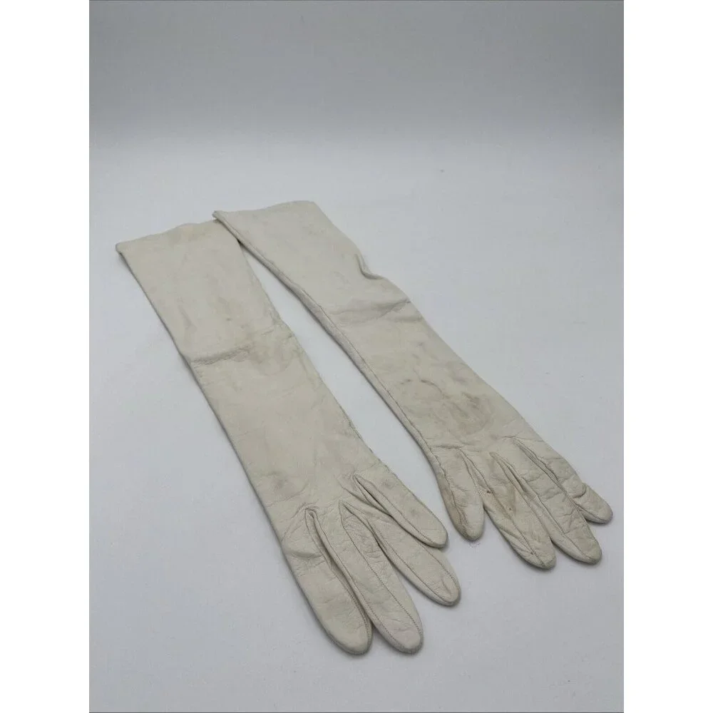 Vintage Womens Saks Fifth Avenue White Leather Long Gloves 7 1/2 Made in France